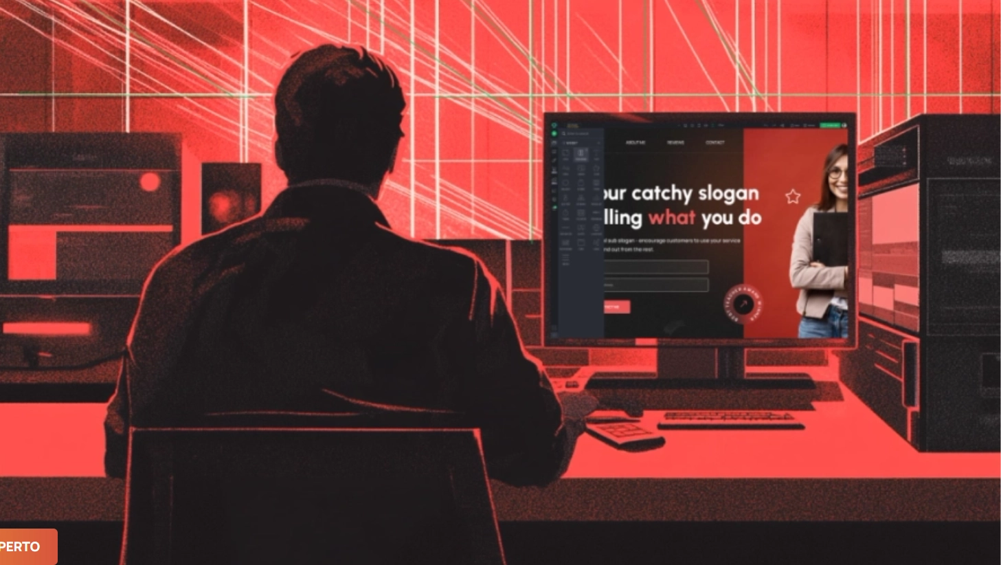 Diseñador web trabajando en laptop con bocetos y colores